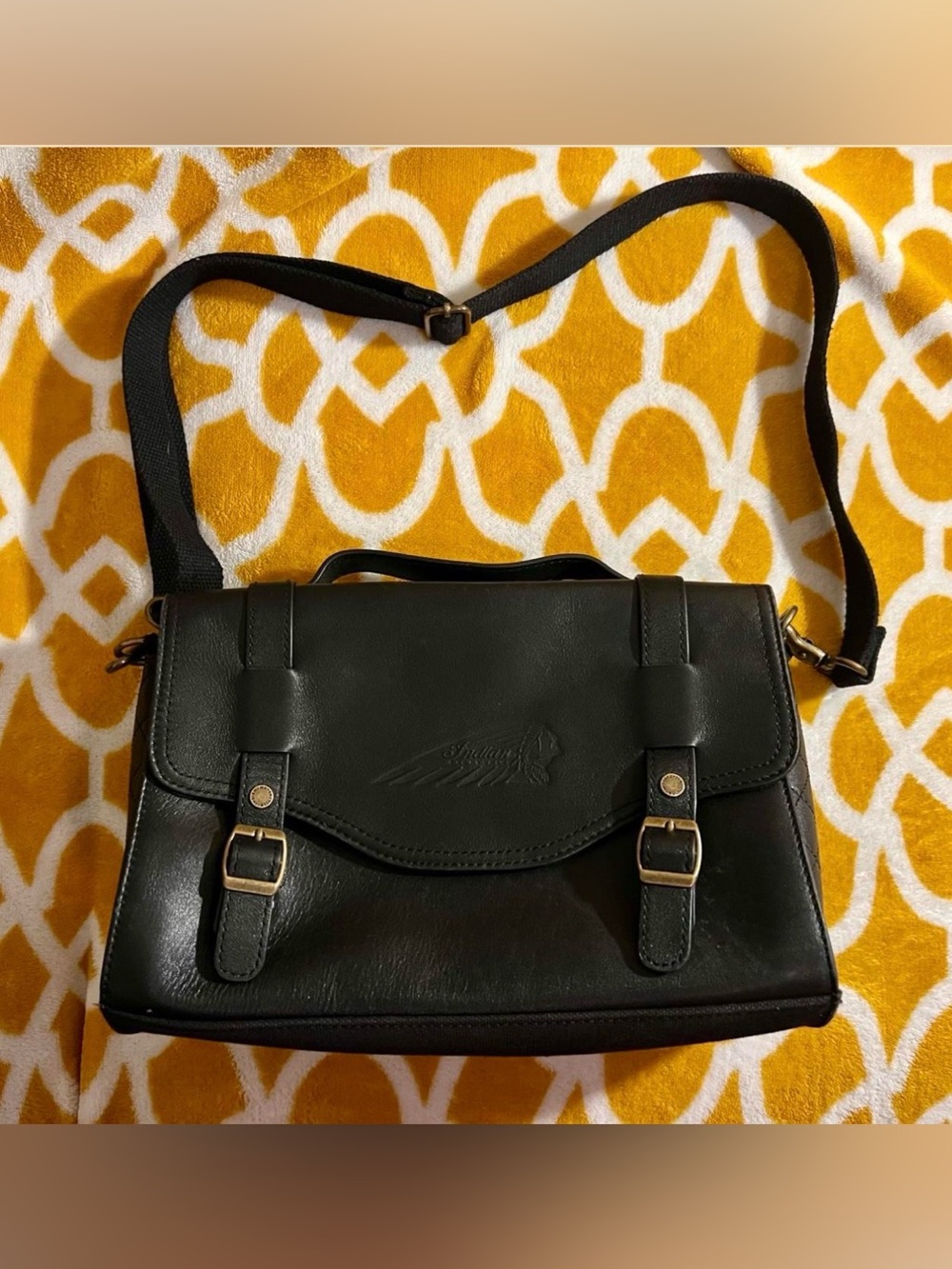Vintage Indian Motorcycle Black Crossbody Bag Buckle Flap